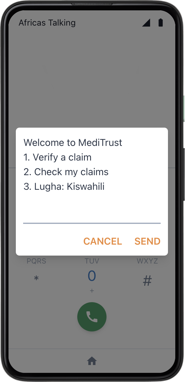 USSD verification menu on a feature phone: Welcome to MediTrust — 1. Verify a claim, 2. Check my claims, 3. Lugha: Kiswahili